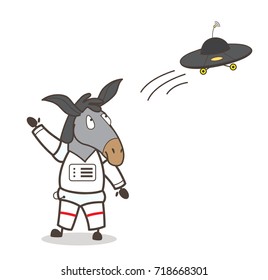Cartoon Horse Astronaut Gesturing to UFO Vector Illustration