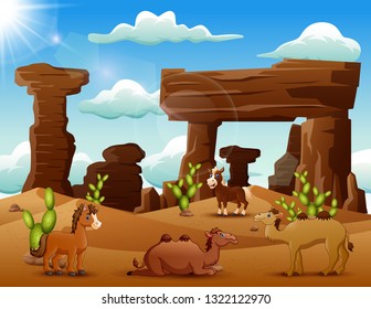 Cartoon horse and camels enjoying on the desert