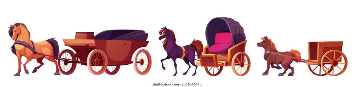 Cartoon horse and cart transport collection. Elegant brown stallions harnessed to antique vehicles - luxury carriage, vintage phaeton, wooden delivery wagon. Historical fairytale or game assets.