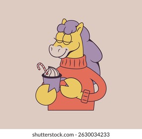 Cartoon horse character in red sweater holding cup of whipped cream drink with candy cane. Winter holidays and Christmas celebration concept. Rubber hose style, retro groovy mascot.