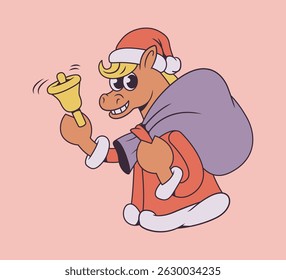 Cartoon horse character in Santa costume holding bell and sack. Holiday animal mascot with Christmas bell and gift bag. Rubber hose style, retro groovy.