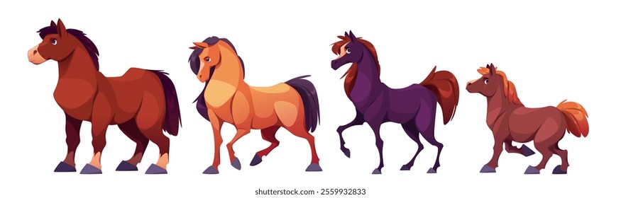 Cartoon horse characters set - stylized equine figures in different poses and sizes with brown, orange and purple fur color and expressive faces. Playful animal designs for children books or game.