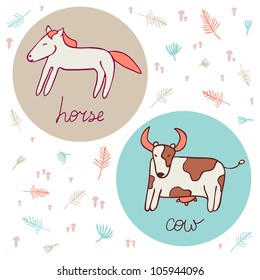 Cartoon horse and cow. Funny vector set