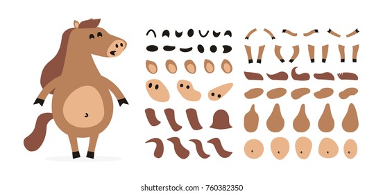 Cartoon horse creation set. Icons with different faces, hair, hand, feet, face, body, emotions, views, gestures isolated on white background. Vector elements for character animation