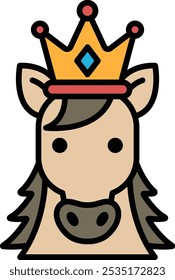 A cartoon horse with a crown on its head. The horse is wearing a crown and has a regal appearance