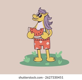 Cartoon horse in floral swim trunks and sunglasses holding watermelon slice on grass. Character illustration in retro style. Rubber hose style, retro groovy mascot.