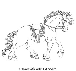 Cartoon horse harnessed in harness runs forward outlined isolated on a white background