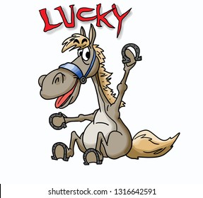 a cartoon horse holding one of his shoes in his hands for good luck vector illustration