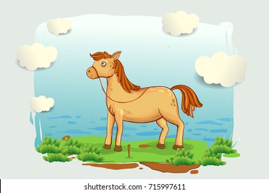 cartoon horse  illustration in the meadow, blue sky and clouds, cover design, wallpaper, children book, vector cartoon illustration