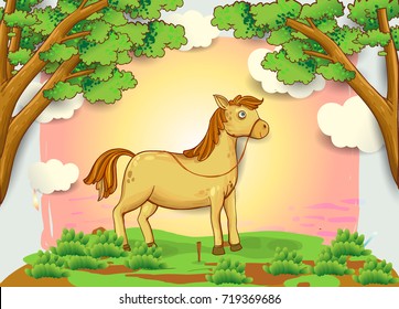 cartoon horse  illustration in the meadow, blue sky and clouds, cover design, wallpaper, children book, vector cartoon illustration