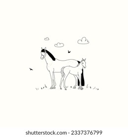 Cartoon horse mare with foal in outdoor scene with clouds 