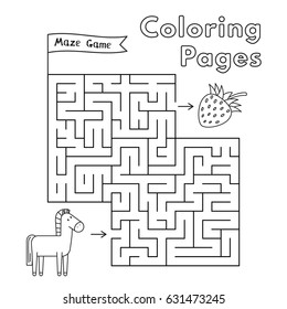 Cartoon Horse Maze Game. Vector Coloring Book Pages For Children