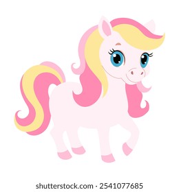 A cartoon horse with pink and yellow hair. It has a pink nose and blue eyes. The horse is standing on a white background