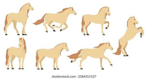 Cartoon horse. Prancing stallion, steed run gallop and graceful equine poses. Elegant beige horses equestrian farm animal vector illustration isolated set.