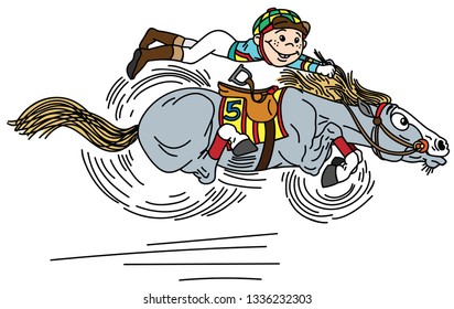 cartoon horse racing derby . Little boy  jockey riding a pony very fast in a race . Funny equestrian sport . Vector illustration