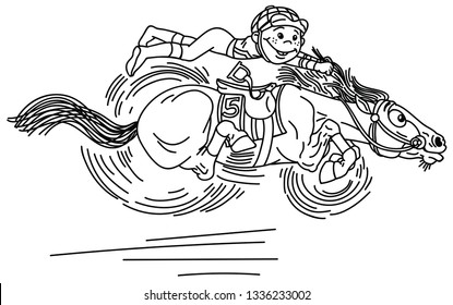 cartoon horse racing derby . Little boy  jockey riding a pony very fast in a race . Funny equestrian sport . Black and white vector illustration. Coloring page