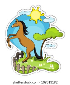 Cartoon horse rearing up in nature. vector illustration