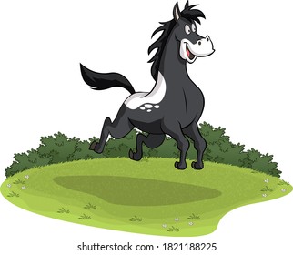 Cartoon horse running on grass field. Horse galloping.