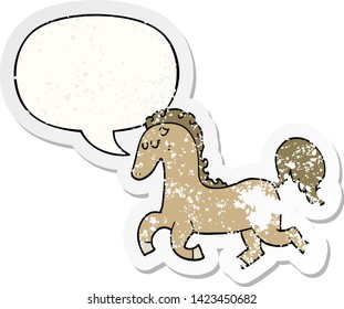 cartoon horse running with speech bubble distressed distressed old sticker