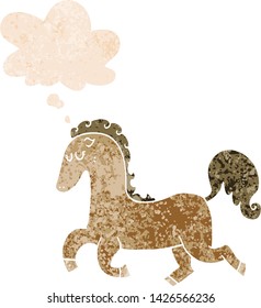 cartoon horse running with thought bubble in grunge distressed retro textured style