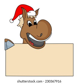 Cartoon of a horse in Santa cap holding blank board for message on occasion of Merry Christmas or New Year.
