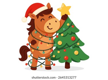 Cartoon cavalo em Santa chapéu emaranhado em luzes de Natal enquanto decorando uma árvore de Natal. Festivo e engraçado design de personagem de inverno.