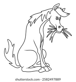 A cartoon horse sitting and eating grass, line art style. Cute and whimsical, perfect for children's designs, farm themed projects, or animal related content