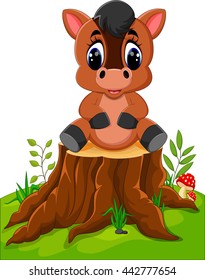 Cartoon horse sitting on tree stump