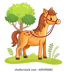 Cartoon horse standing in a meadow next to a tree. Vector illustration with cartoon animals.