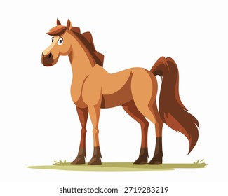 Un caballo de dibujos animados se para en un parche de hierba. El caballo tiene un cuerpo de color marrón claro y una melena y cola de color marrón oscuro. Se ve alegre con ojos grandes y una expresión amigable. El fondo es simple y blanco, centrando la atención en el diseño lúdico de los caballos. Esta obra de arte es adecuada para libros infantiles, materiales educativos o decoraciones lúdicas.
