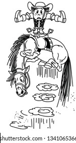 cartoon horse throws off a cowboy .Little boy rider on a bucking pony horseback . Funny equestrian sport  rodeo. Outline vector illustration