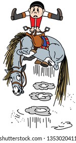 cartoon  horse throws off a rider .Little boy rider on a bucking pony horseback . Funny equestrian sport  . Vector illustration