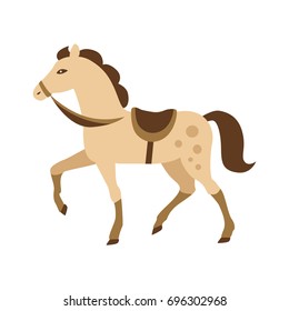 Cartoon horse vector illustration isolated on white background. Beige pony with bushy tail, saddle and horseshoes raises one leg