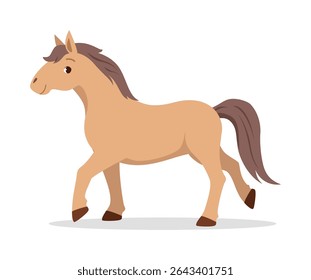 Cartoon Horse walking gracefully with brown mane and tail in illustration style