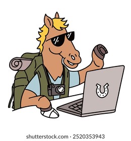 A cartoon horse wearing sunglasses, using a laptop, and carrying a backpack, showcasing a fun and adventurous spirit