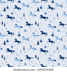 Cartoon horses galloping in the winter forest during a snowfall, seamless vector pattern