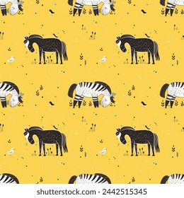 Cartoon horses in the pasture, seamless vector pattern