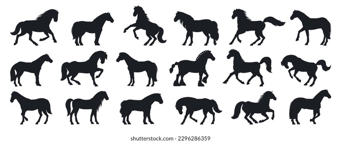 Cartoon horses silhouette. Domestic animals of different breeds and poses flat vector illustration set. Graceful farm horses silhouettes