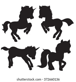 Cartoon horses silhouettes on white background.