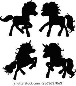 Cartoon horses and unicorns silhouettes on white background.