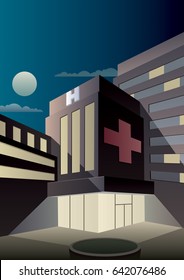 Cartoon Hospital At Night In Art Deco Style. 