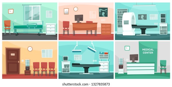 Cartoon hospital room. Medical interiors, doctor office and surgery clinic or hospitals empty waiting room interior. Patient hospitalization reception, clinical consultation rooms vector illustration