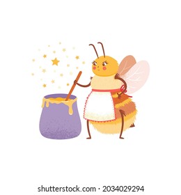 Cartoon hostess bee in an apron prepares honey in a cauldron. Cute bee prepares honey vector personage.The child character of bee chef on white background in flat style, isolated design.