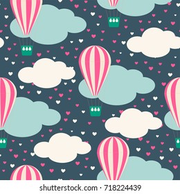 Cartoon hot air balloon and clouds. Seamless pattern. Vector illustration in bright colors.
