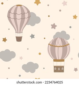 Cartoon hot air balloon nursery seamless background with clouds and stars on beige background. Design for children's fabric, textiles, or wallpaper.