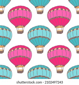 Cartoon hot air balloons  illustration vector seamless patter. Retro transportation airship vehicles. Summer sport objects. Hot air balloons adventure symbols. Sky voyage objects.