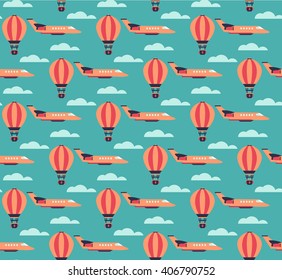 Cartoon hot air balloons and planes seamless pattern in flat style