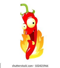 Cartoon hot chili pepper in fire