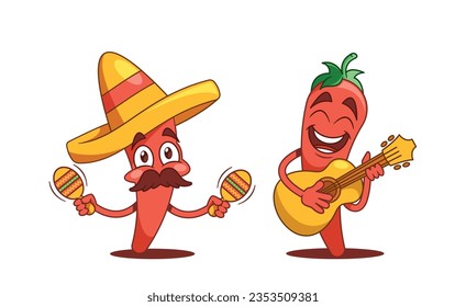 Cartoon Hot Chili Peppers, Mexican Mariachi Characters Are Vibrant, Spicy Performers With Colorful Sombrero, Vector