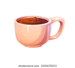 Taza de chocolate caliente de dibujos animados, taza de porcelana blanca con un mango contiene bebida marrón caliente. Bebida de postre dulce de Vector aislado emana comodidad y confort para las vacaciones de invierno y temas de relajación